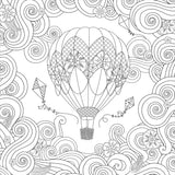 Coloring page with a hot air balloon and kites against a swirl patterned background