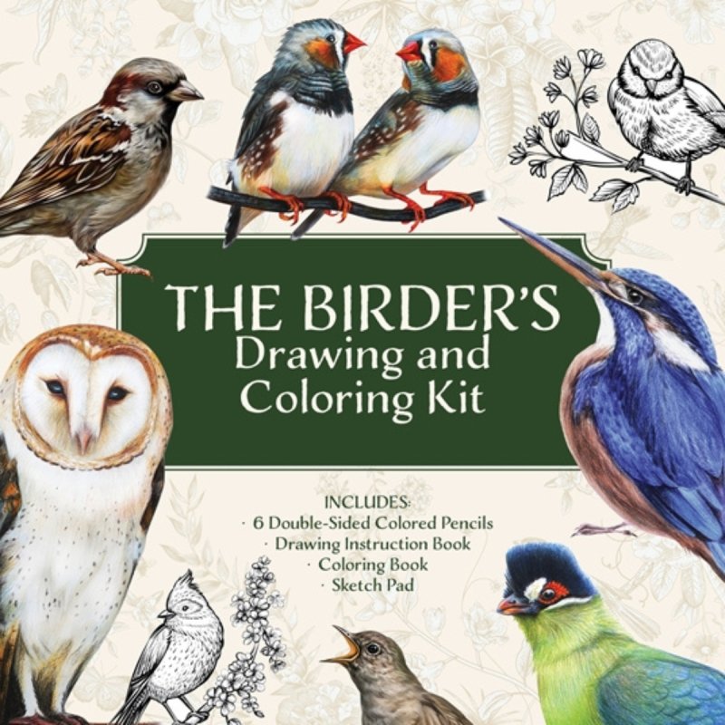 Product packaging for 'The Birder's Drawing and Coloring Kit' featuring illustrations of birds and an owl.