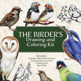 Product packaging for 'The Birder's Drawing and Coloring Kit' featuring illustrations of birds and an owl.
