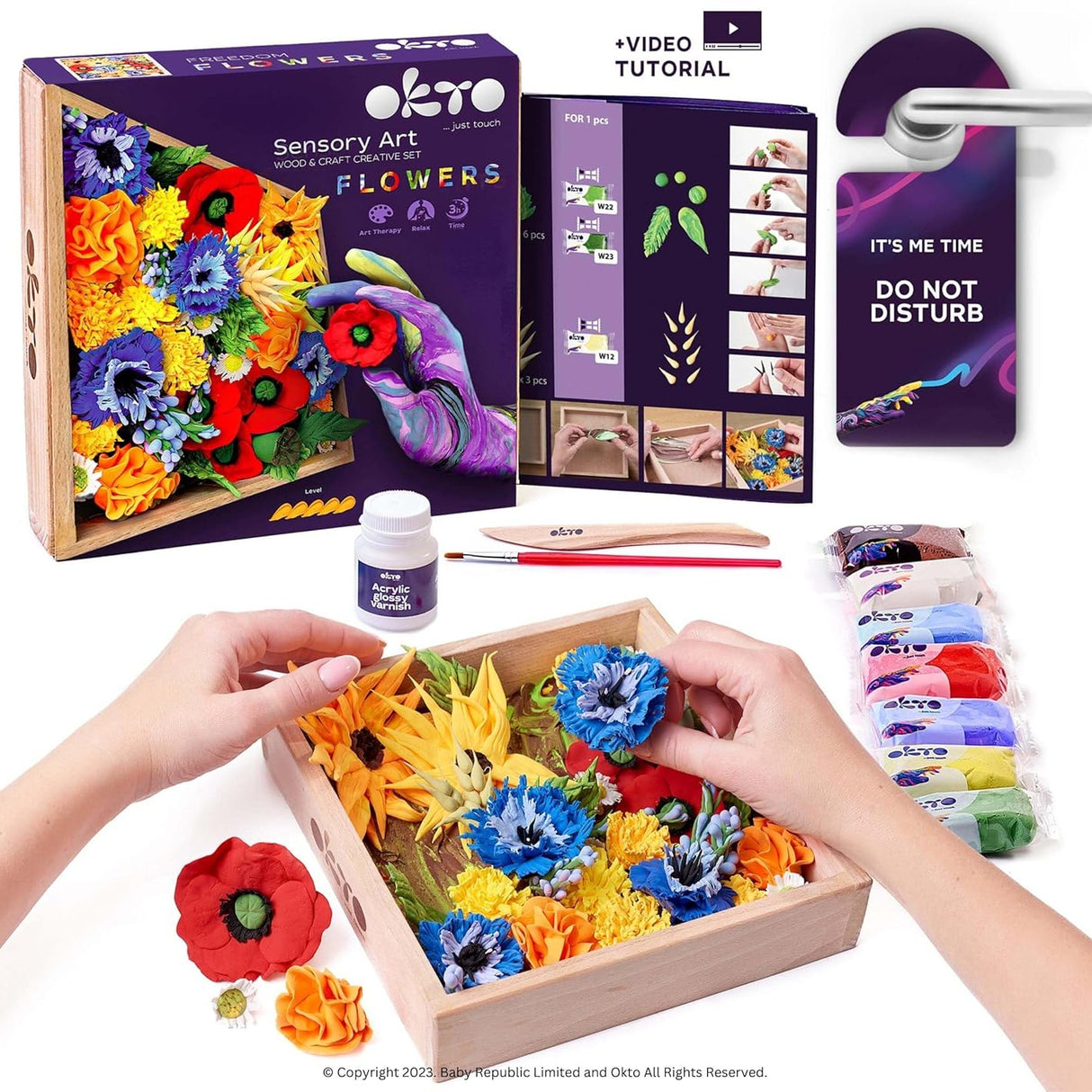 Okto Sensory Art Flowers kit with hands interacting with colorful flowers and packaging on a white background.