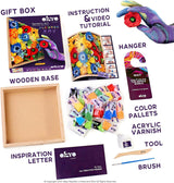 A collage showing the contents of an Oto Creative Friends Sensory Art Flowers Kit, including a wooden base box, acrylic paint palettes, acrylic varnish, a paintbrush, an instruction and video tutorial booklet, a hanger, and an inspiration letter, all arranged on a white background with text labels.