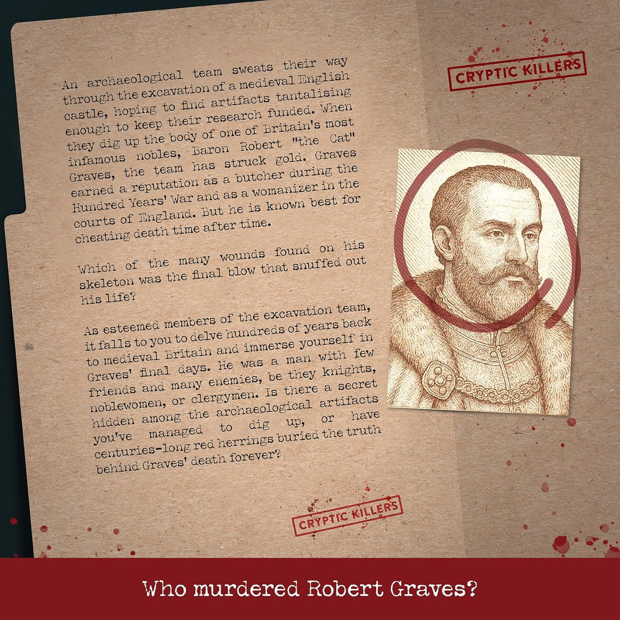 Promotional graphic for 'Cryptic Killers' with text and portrait of a historical figure on a brown background.