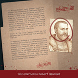 Promotional graphic for 'Cryptic Killers' with text and portrait of a historical figure on a brown background.
