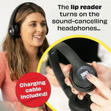 Woman wearing headphones with text about sound-cancelling feature and charging cable included.