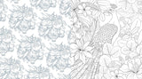 Coloring book page with a peacock and floral design