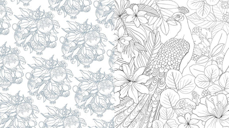 Coloring book page with a peacock and floral design