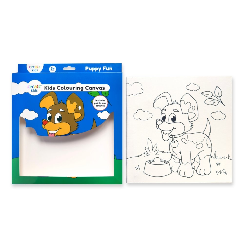 Kids Colouring Canvas with a dog illustration and packaging on a white background