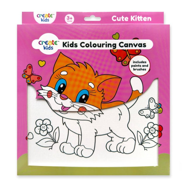 Create Kids Kids Colouring Canvas with a cute kitten design on a pink background