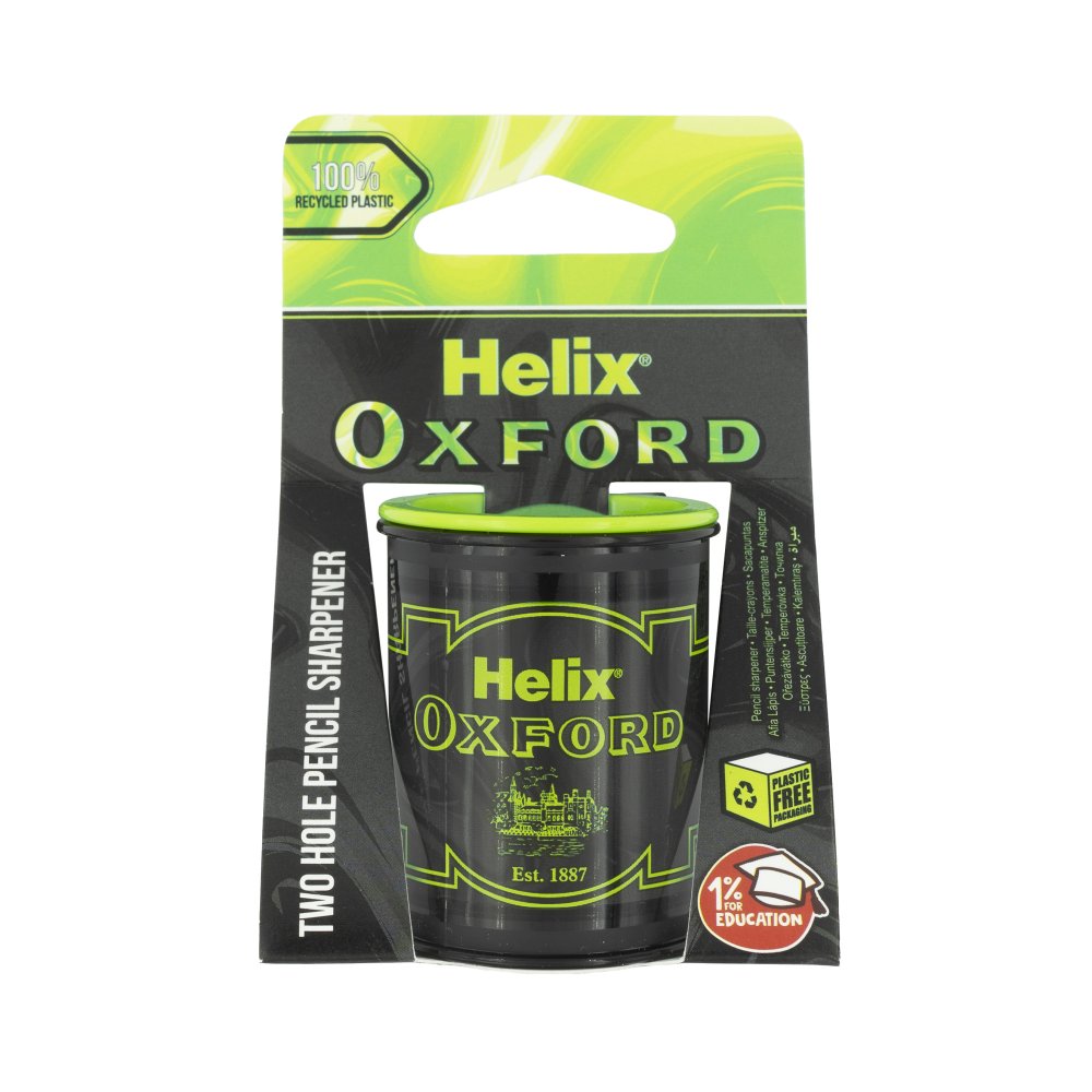 Helix Oxford pencil sharpener packaging with green accents on a white background