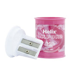 Pink Helix Oxford pencil sharpener with a white sharpener on a white background