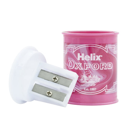 Pink Helix Oxford pencil sharpener with a white sharpener on a white background