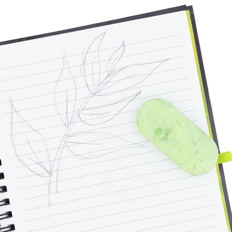 Green eraser on a notebook with leaf drawings