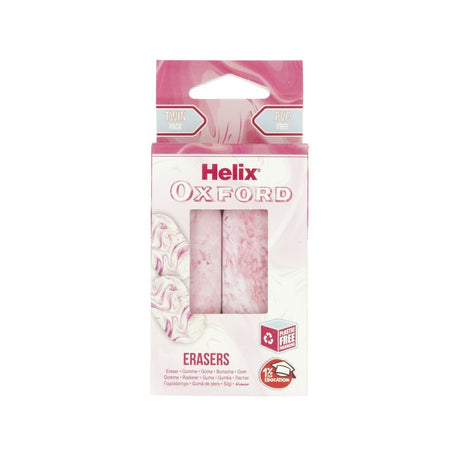 Pack of Helix Oxford erasers with pink packaging on a white background