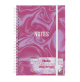 Pink and white marbled notebook with 'Helix Oxford Spiral Notebook' branding on a white background
