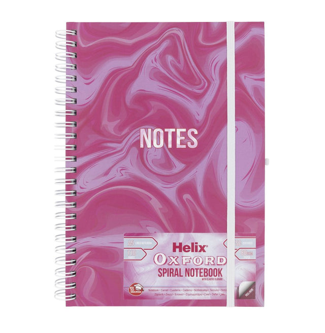 Pink and white marbled notebook with 'Helix Oxford Spiral Notebook' branding on a white background