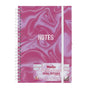 Pink and white marbled notebook with 'Helix Oxford Spiral Notebook' branding on a white background