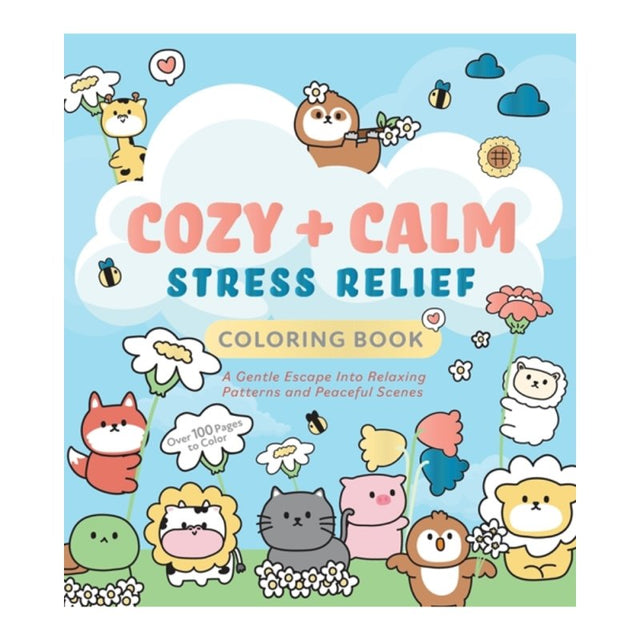 Coloring book titled 'Cozy + Calm Stress Relief' with cartoon animals and flowers on a blue background.