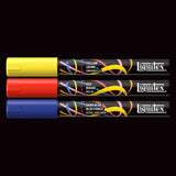 Three markers in yellow, red, and dark blue with 'Liquitex' branding on a black background.