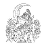 Decorative illustration of a stylized dog with a crescent moon, flowers, and leaves on a white background.
