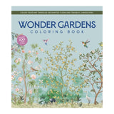 Coloring book cover titled 'Wonder Gardens' with floral and botanical design.