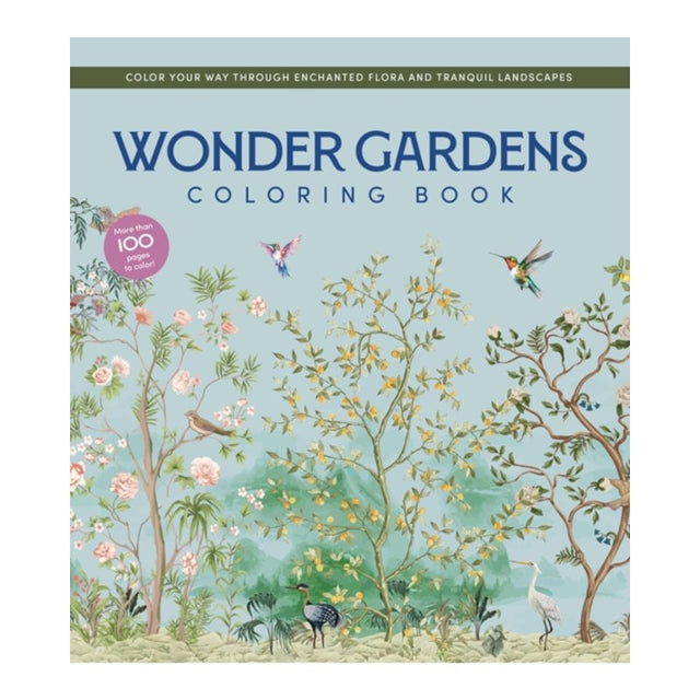 Coloring book cover titled 'Wonder Gardens' with floral and botanical design.