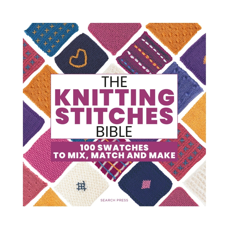 Book cover of 'The Knitting Stitches Bible' with colorful swatches on a white background