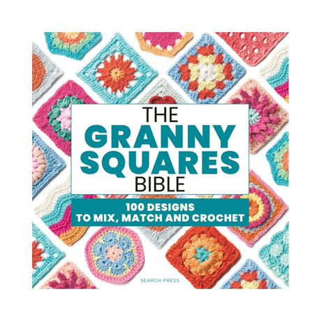 Book cover of 'The Granny Squares Bible' with colorful crochet squares.