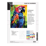 A 'Paint by Numbers' art kit sheet featuring a colorful parrot illustration titled 'Calypso Wing' on a white background with instructions, color swatches, and the Reevves brand logo.
