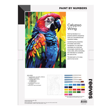 A 'Paint by Numbers' art kit sheet featuring a colorful parrot illustration titled 'Calypso Wing' on a white background with instructions, color swatches, and the Reevves brand logo.