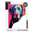 Paint by Numbers kit featuring a chromatic pop art style portrait of a dog named 'Reeves'. The canvas includes a color-changed 'Chromatic Pup' label.