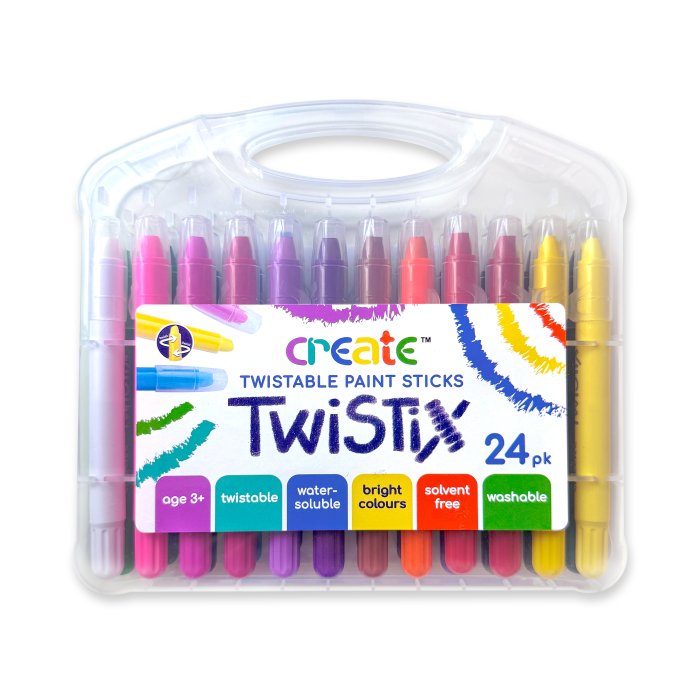 Twistix 24-pack of twistable paint sticks in a clear plastic carrying case with a white and colorful product label. The paint sticks come in a variety of bright colors including pink, purple, red, orange, yellow, and blue.