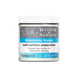 Winsor & Newton Watercolour Ground multi-surface preparation paint in a 250 ml jar, featuring a white lid and a label with gray, white, and blue sections.