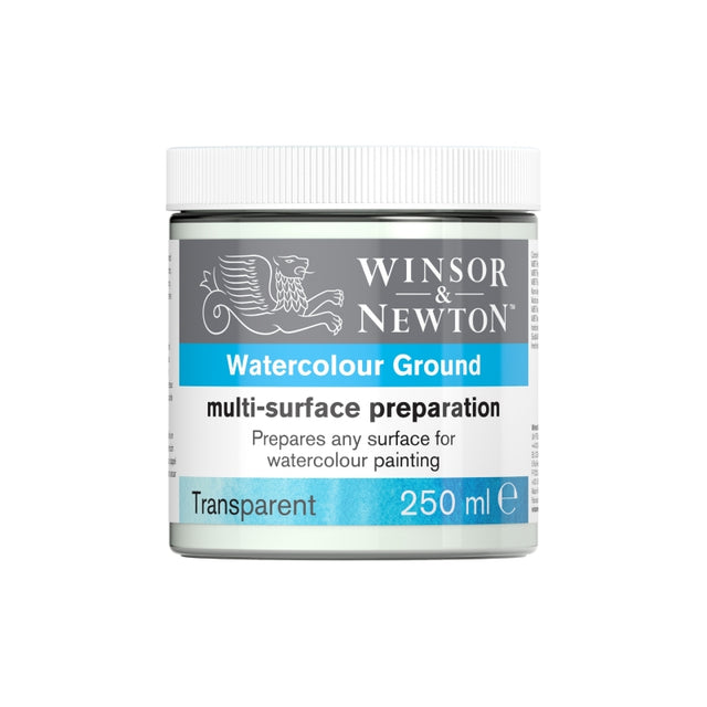Winsor & Newton Watercolour Ground multi-surface preparation paint in a 250 ml jar, featuring a white lid and a label with gray, white, and blue sections.