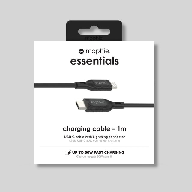 Mophie Essentials USB-C charging cable 1m in its original white and black retail packaging, featuring a Lightning connector and USB-C connector illustration.
