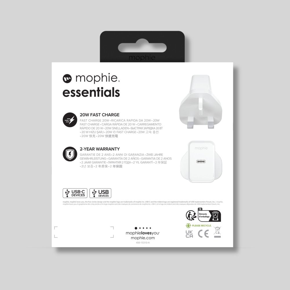 Mophie Essentials ACC Power Adapter USB-C 20W PD - White UK