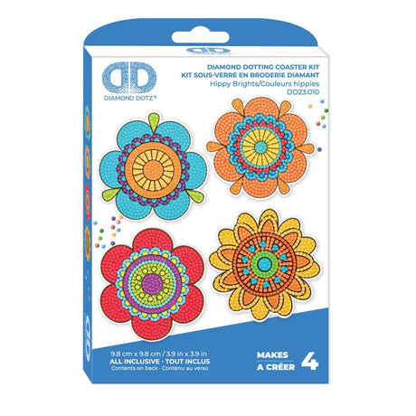Diamond Dotz Diamond Dotting Coaster Kit box, featuring four colorful hippie flower designs on a white and blue retail package.