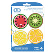 Diamond Dotz fruit-themed beading kit in its retail packaging, featuring watermelon, kiwi, lemon, and orange coaster designs on a white and blue box.