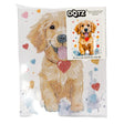 A DOTZ diamond painting kit in its clear plastic packaging, featuring a golden retriever design with colorful heart accents and a small product information card.
