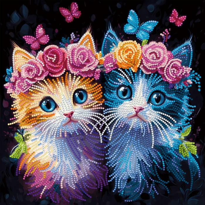A colorful fantasy-style artwork of two fluffy cats facing each other, one orange and one blue, both wearing flower crowns and surrounded by butterflies on a dark background.