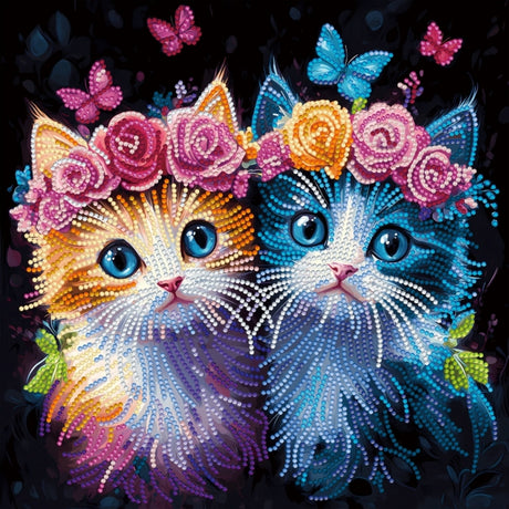 A colorful fantasy-style artwork of two fluffy cats facing each other, one orange and one blue, both wearing flower crowns and surrounded by butterflies on a dark background.