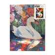 A square art print or book cover featuring a swan painting made of many small colored dots, with a colorful floral background and water reflections. A white sticker-like label in the top right reads DQJZ.