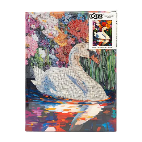 A square art print or book cover featuring a swan painting made of many small colored dots, with a colorful floral background and water reflections. A white sticker-like label in the top right reads DQJZ.