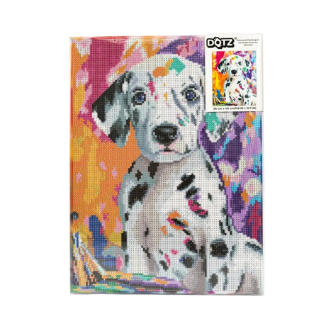 A colorful diamond painting kit featuring a Dalmatian puppy design, with a small 'DQ1Z' brand sticker visible in the top right corner, set against a plain white background.
