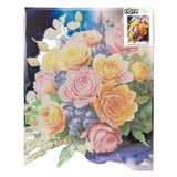A completed diamond painting floral artwork showing a bouquet of yellow, pink, peach, and purple flowers with green leaves, photographed flat against a white background. A small DOTZ brand label is visible in the upper right corner of the artwork.