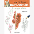 Front cover of the book 'How to Draw Baby Animals In simple steps' by Polly Pinder, published by Search Press. The cover features an orange header with a photo of a baby cat and the title, along with step-by-step line-art drawings of baby animals including a monkey and a baboon, plus a pencil illustration in progress.
