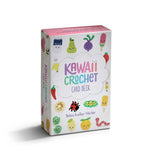 Kawaii Crochet Card Deck box by Melissa Bradley-Yalcher, featuring a white box decorated with cute, colorful cartoon fruits, vegetables, and desserts, shown on a clean white background with a soft shadow.