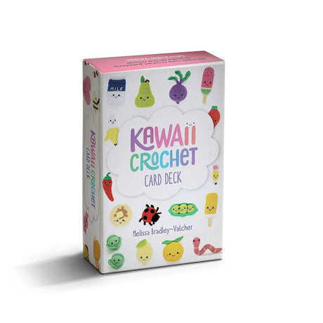 Kawaii Crochet Card Deck box by Melissa Bradley-Yalcher, featuring a white box decorated with cute, colorful cartoon fruits, vegetables, and desserts, shown on a clean white background with a soft shadow.