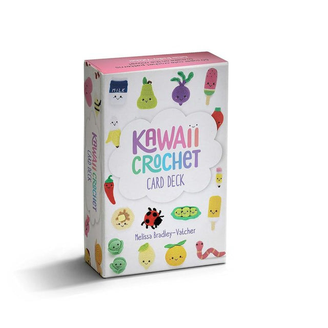 Kawaii Crochet Card Deck box by Melissa Bradley-Yalcher, featuring a white box decorated with cute, colorful cartoon fruits, vegetables, and desserts, shown on a clean white background with a soft shadow.