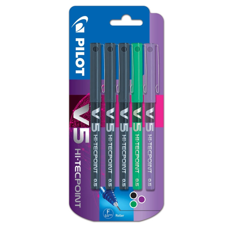 Pilot V5 Hi-Tecpoint Rollerball Pens - Assorted Colours (5 Pack)