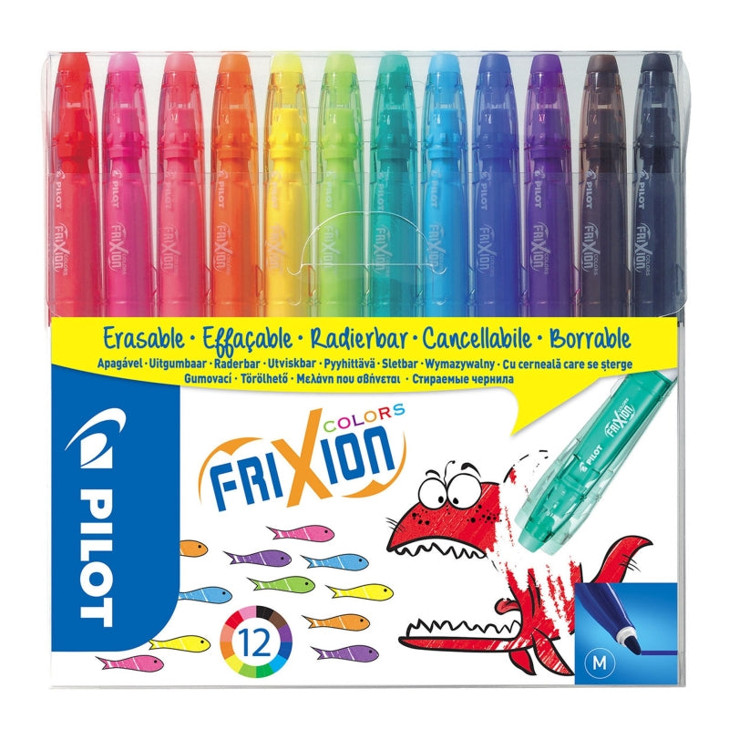 Pilot Frixion Colors 12-pack of erasable gel pens in a clear plastic case with a yellow and blue label, showing a variety of colors including pink, orange, yellow, green, blue, purple, and black.